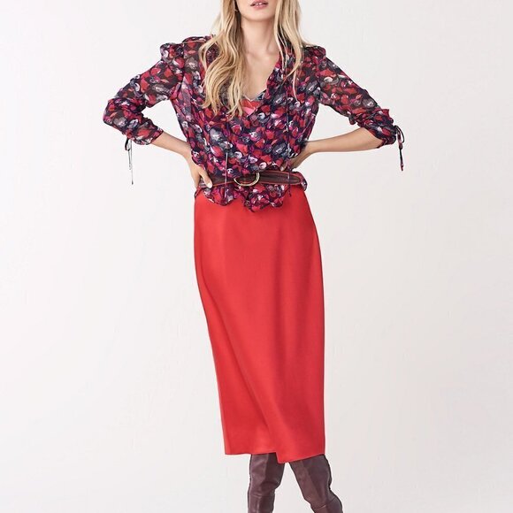 DVF Diane Von Furstenberg Mae Poinsettia satin midi skirt a-line new XS 0 2 - Picture 1 of 5